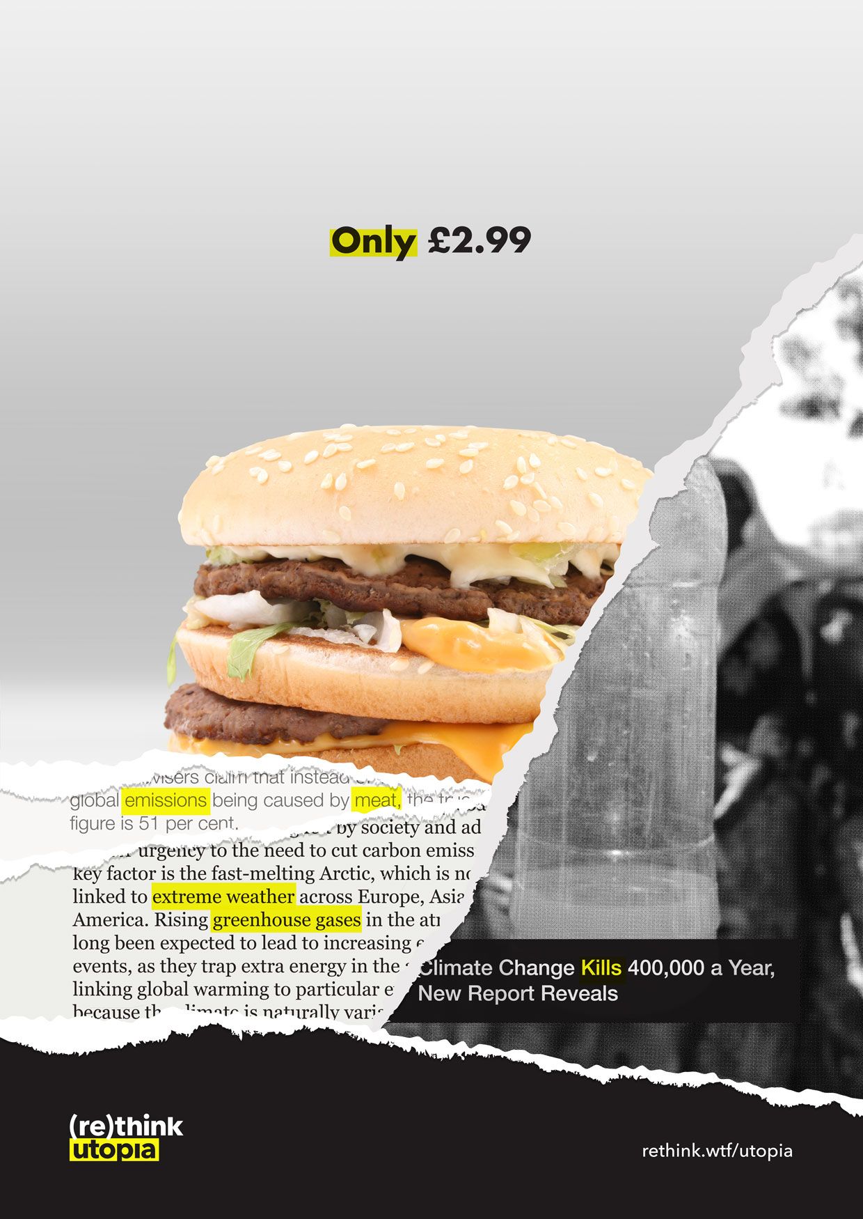 Cheap burger ad, torn to reveal layers of information about true cost.