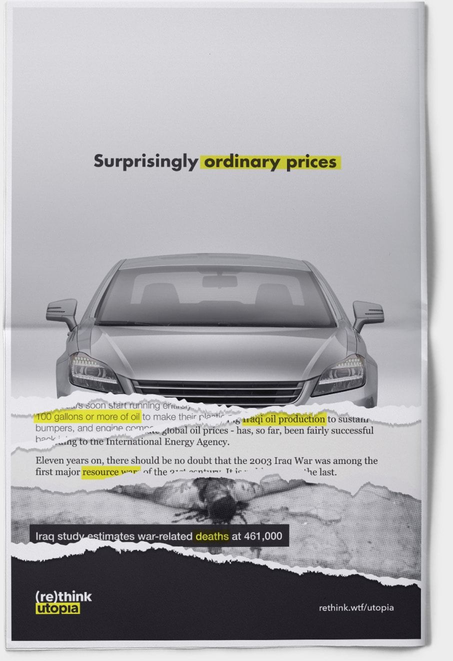 Print mockup of car ad, torn to reveal layers of information about true cost.