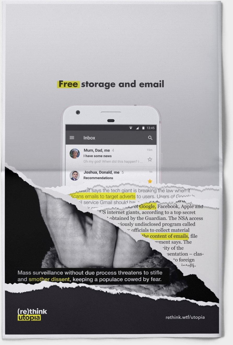 Print mockup of free email ad, torn to reveal layers of information about true cost.