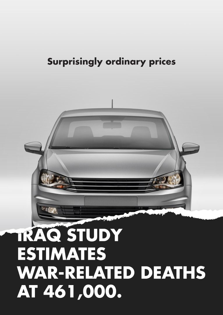 Car ad, torn to reveal headline that reads Iraq study estimates war-related deaths at 461,000.